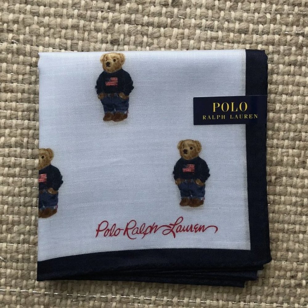 NEW Polo Ralph Lauren Bear All Over Cotton Handkerchief Scarf Pocket Square Blue